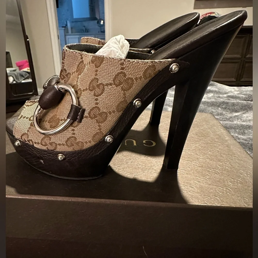 Authentic Gucci Beige/Brown GG Canvas and Leather Icon Bit Platform Clogs - Picture 6 of 13